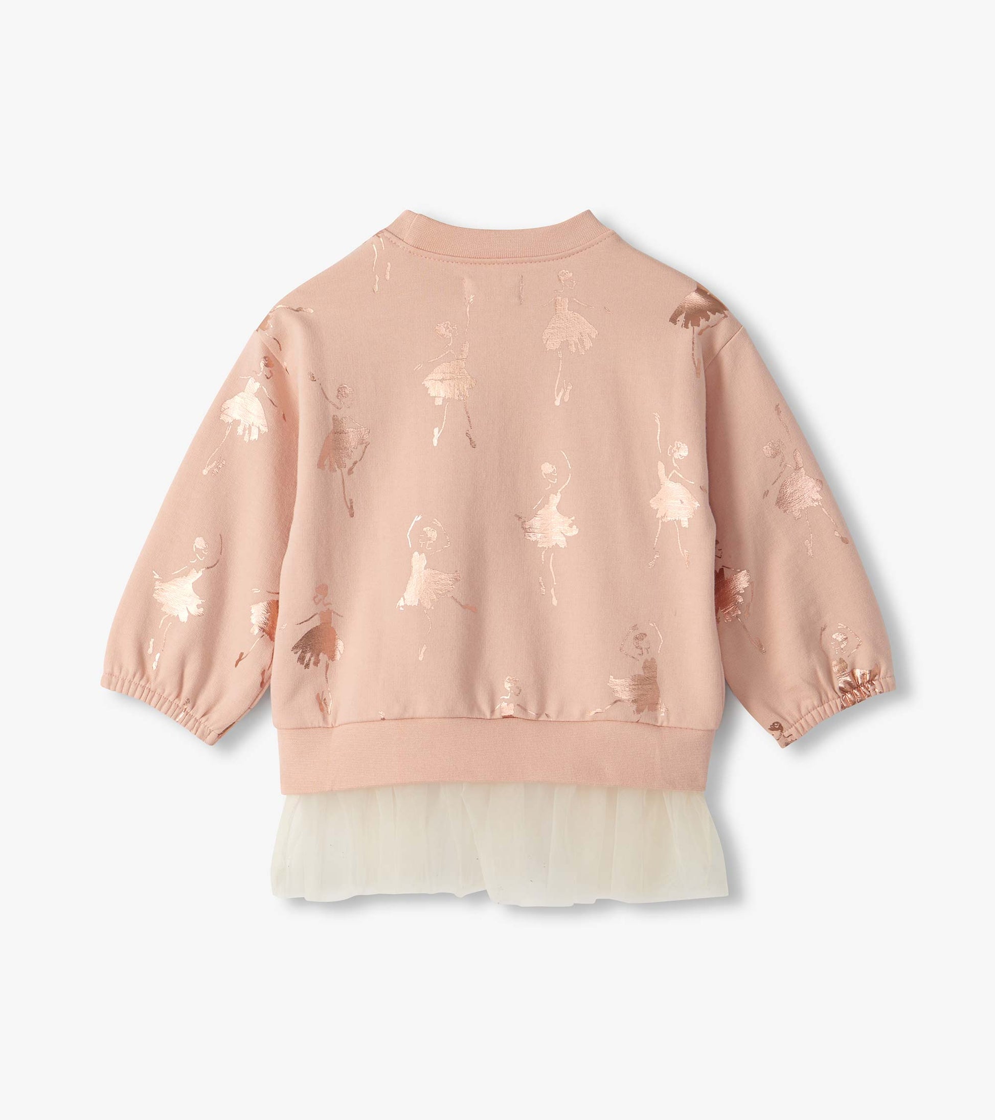 Back view of blush pink long sleeve top with foil ballerina print and cream tulle hem