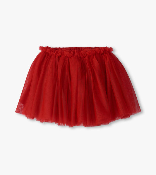 Red puffy tutu skirt with layered sheer overlay and ruffled elastic waistband, front view