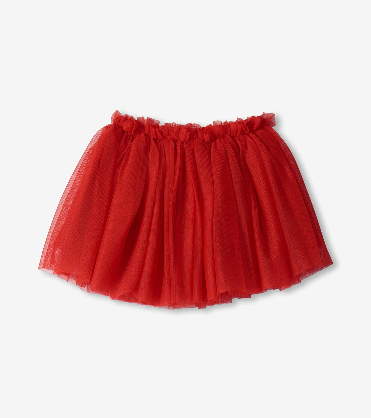 Red tutu skirt shown from the back with layered sheer overlay and ruffled elastic waistband