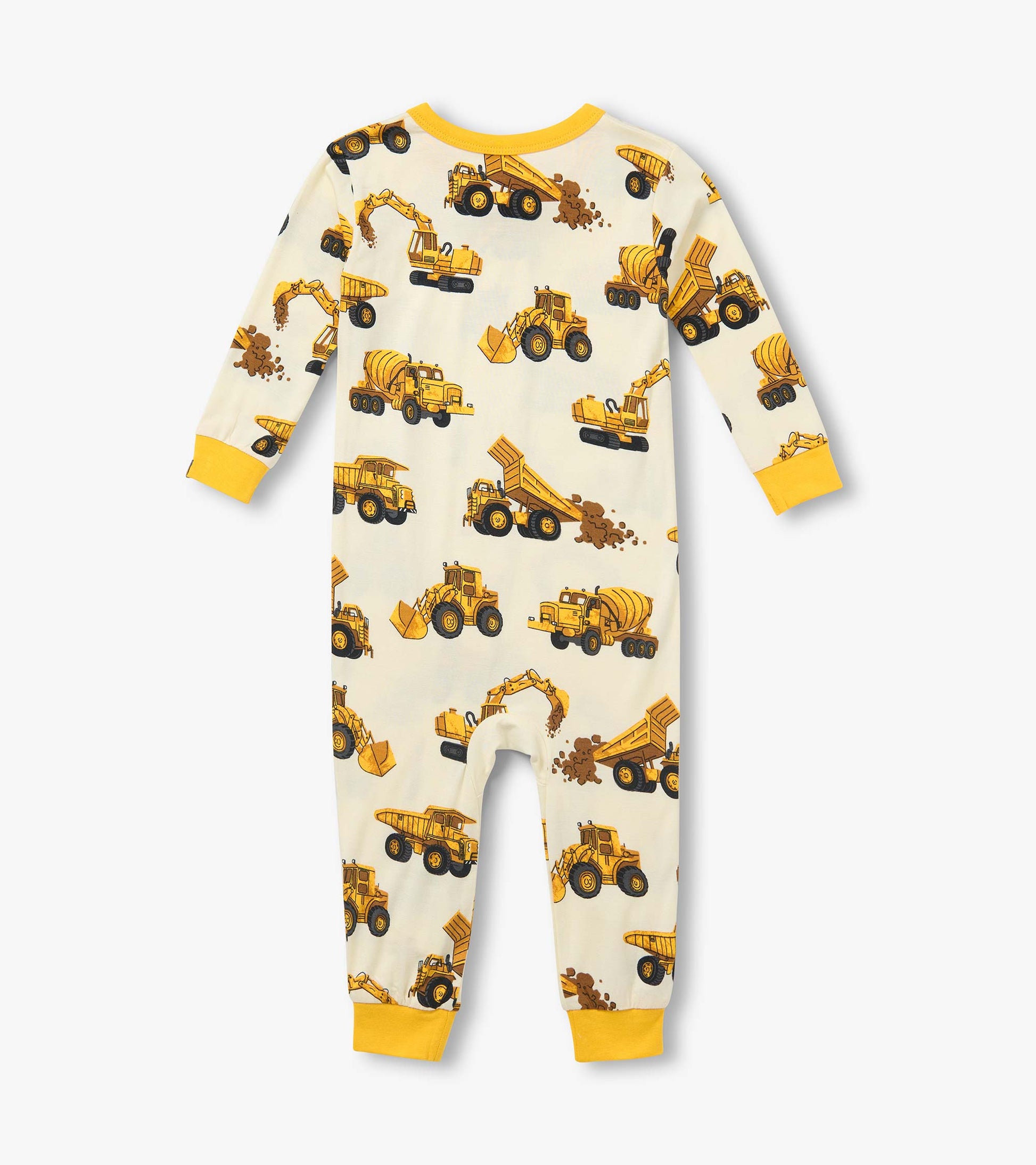 Back view of infant coverall with yellow cuffs and allover construction truck print