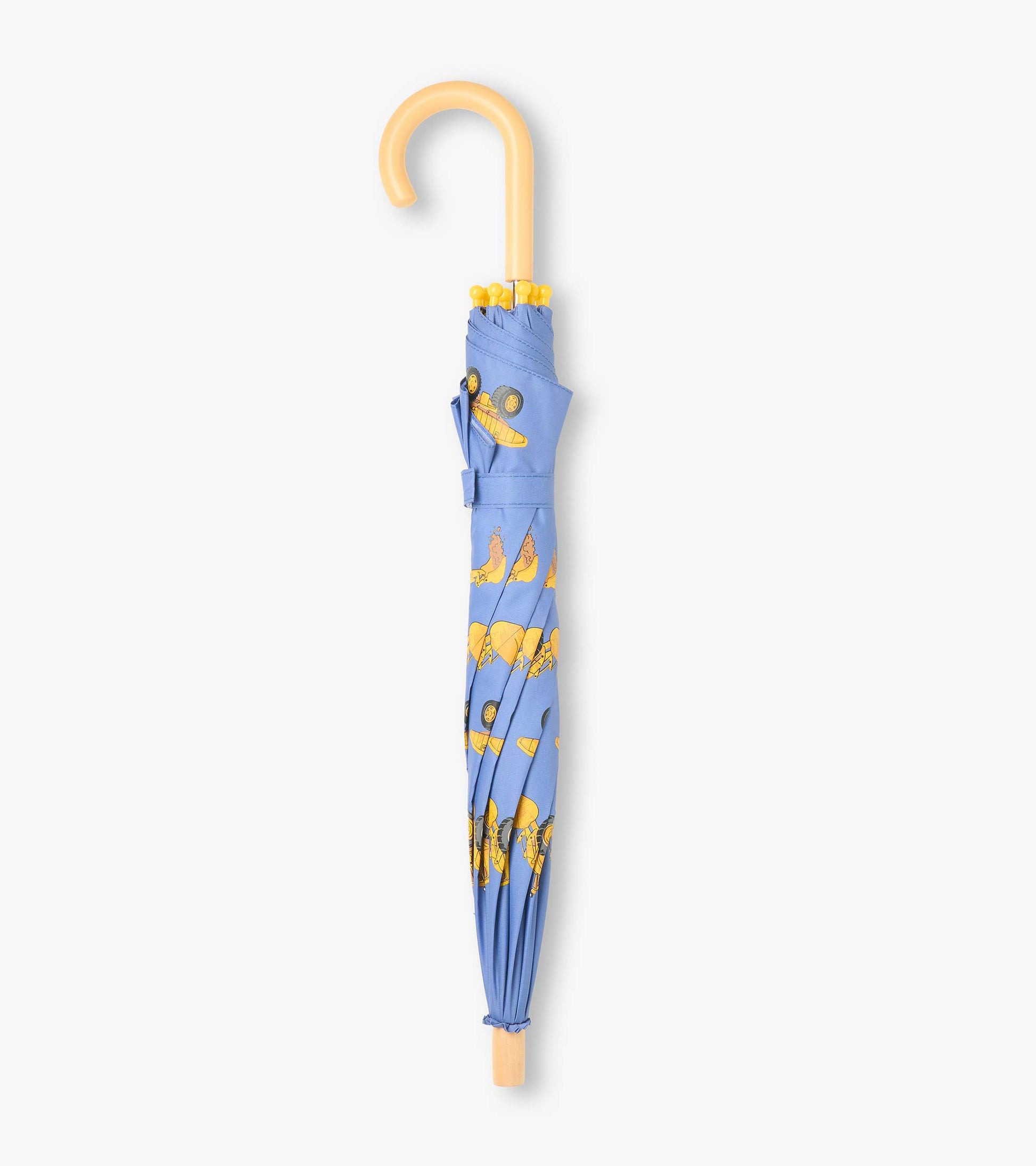Closed blue umbrella with yellow construction truck print and curved pale handle