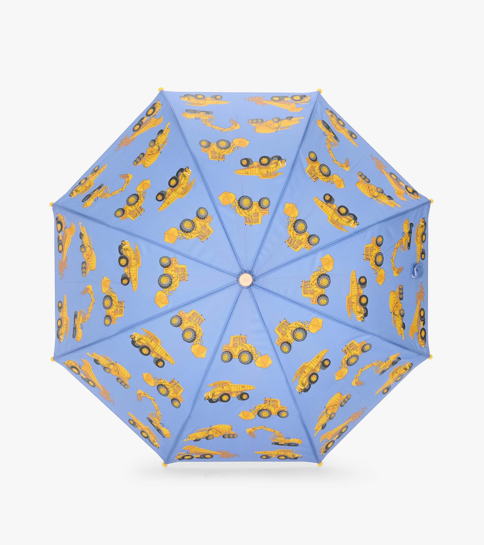 Top view of blue umbrella canopy with yellow construction vehicles printed all over