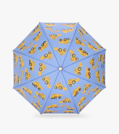 Top view of blue umbrella canopy with yellow construction vehicles printed all over