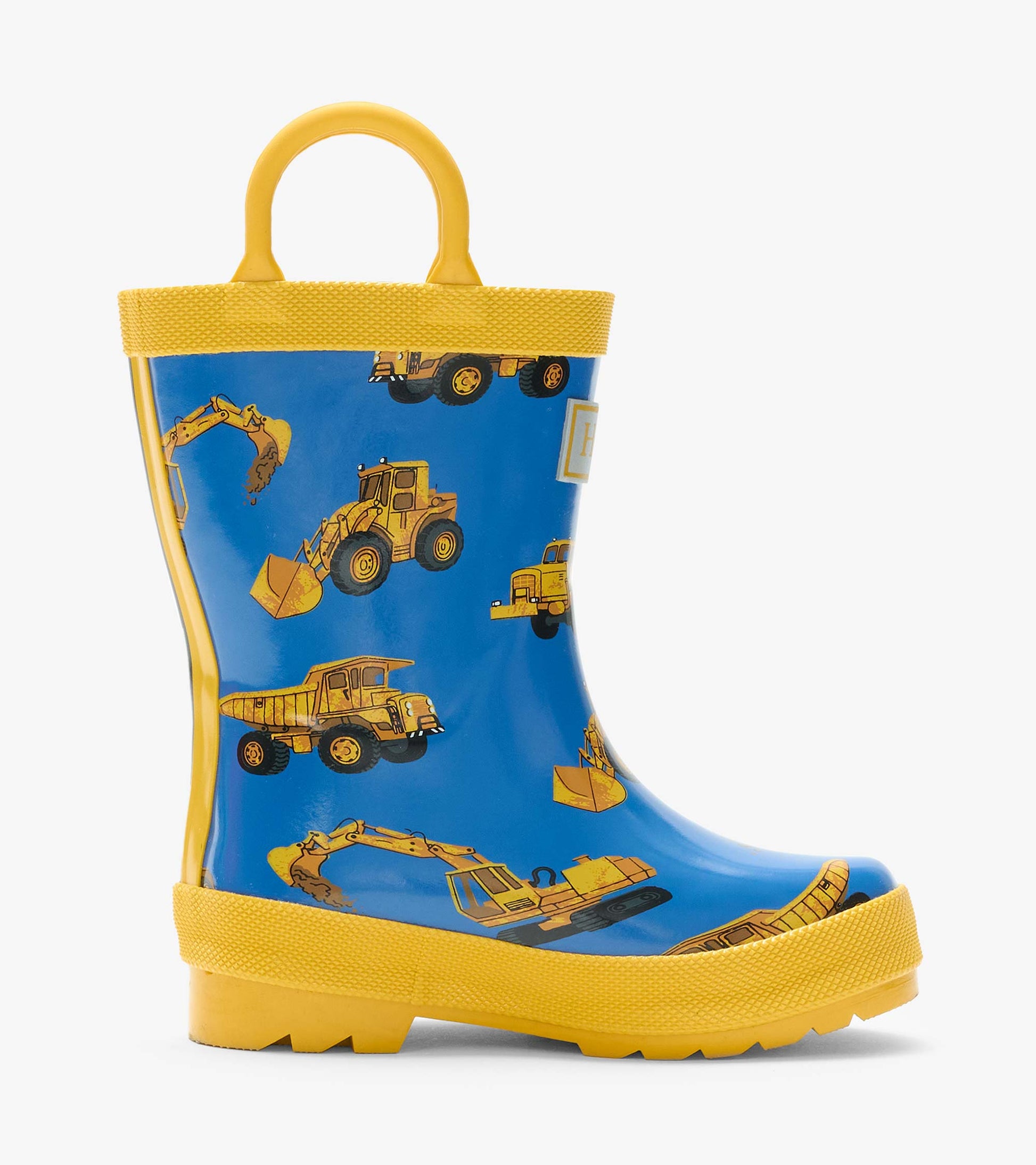 Single blue rain boot with yellow handles and yellow construction vehicle print, side view