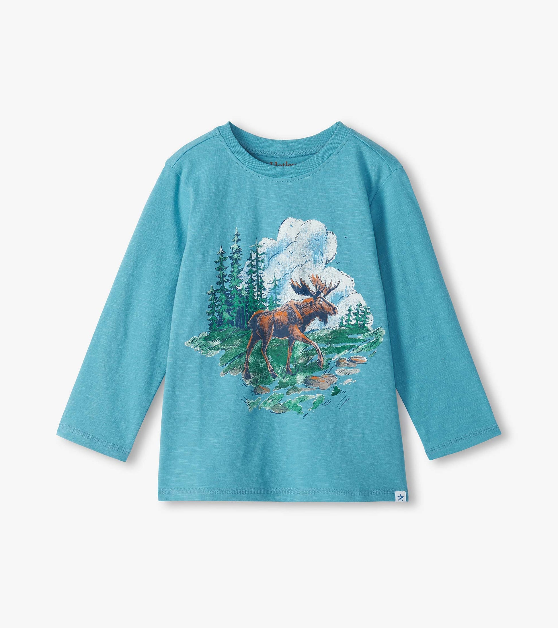 Blue long-sleeve crew neck tee with a moose, trees, clouds, and stream graphic on the front