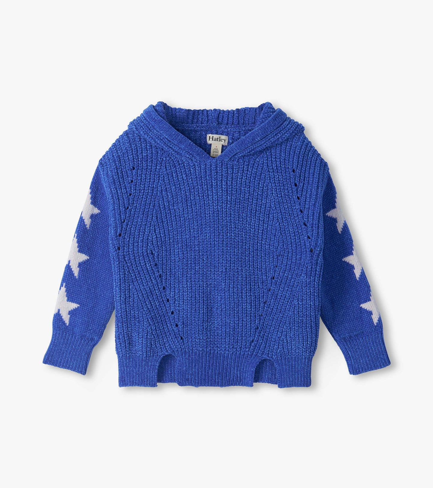 Blue hooded pullover sweater with white star sleeves, ribbed cuffs, and scalloped hem