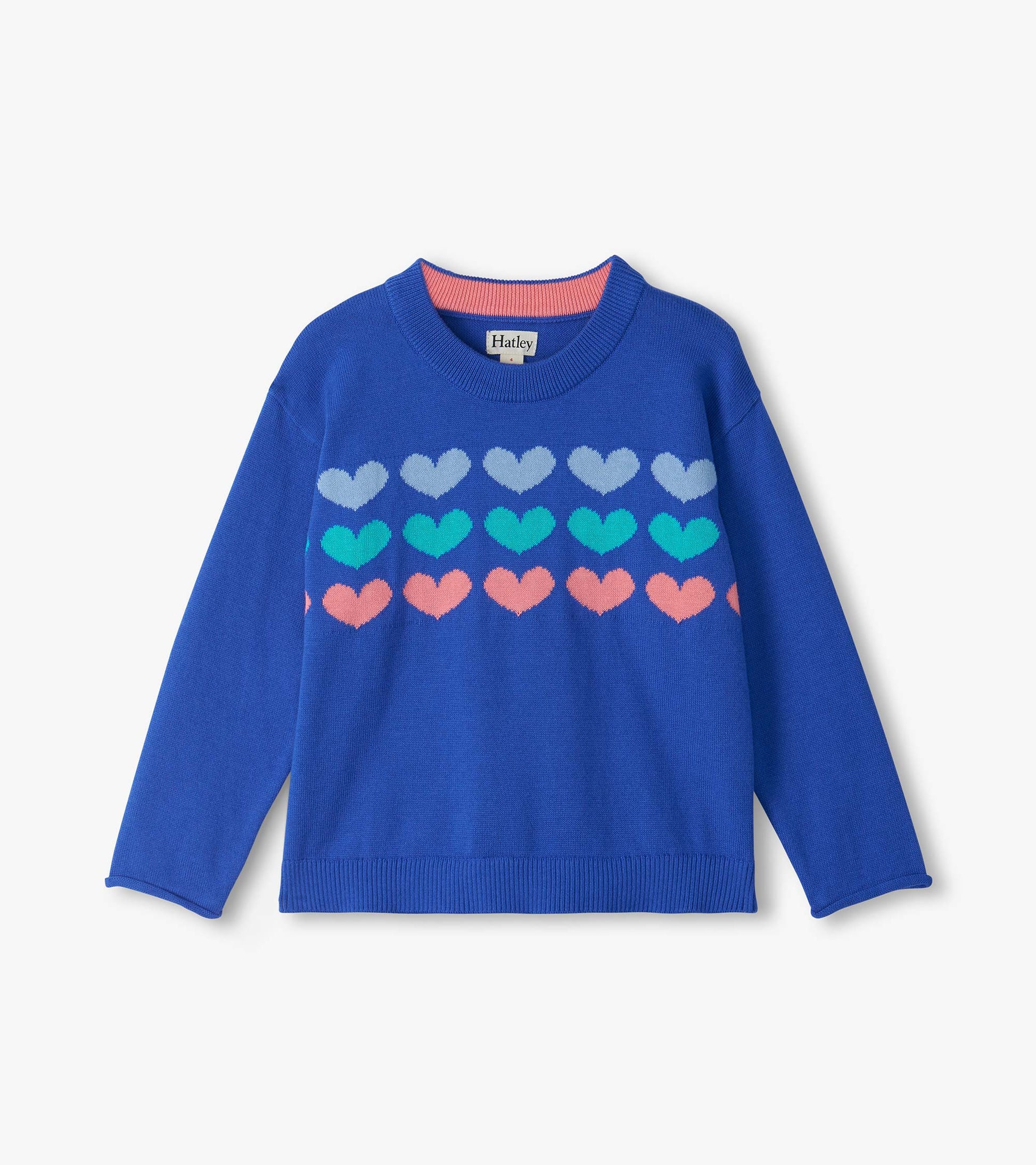 Front view of blue crew neck sweater with rows of gray, teal, and pink hearts across the chest