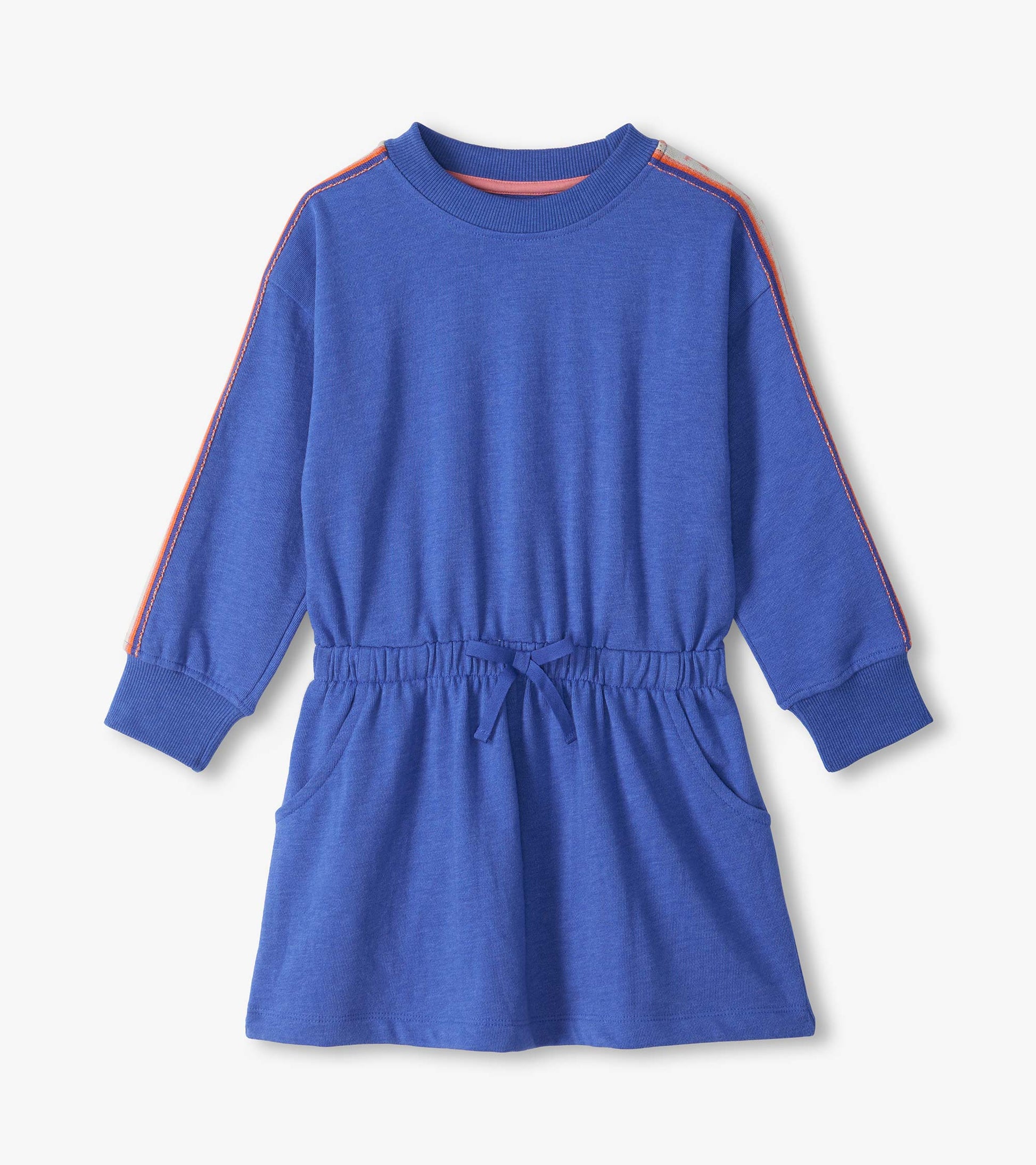 Blue long sleeve girls dress with striped ribbon shoulder detail, elastic drawstring waist, and front pockets