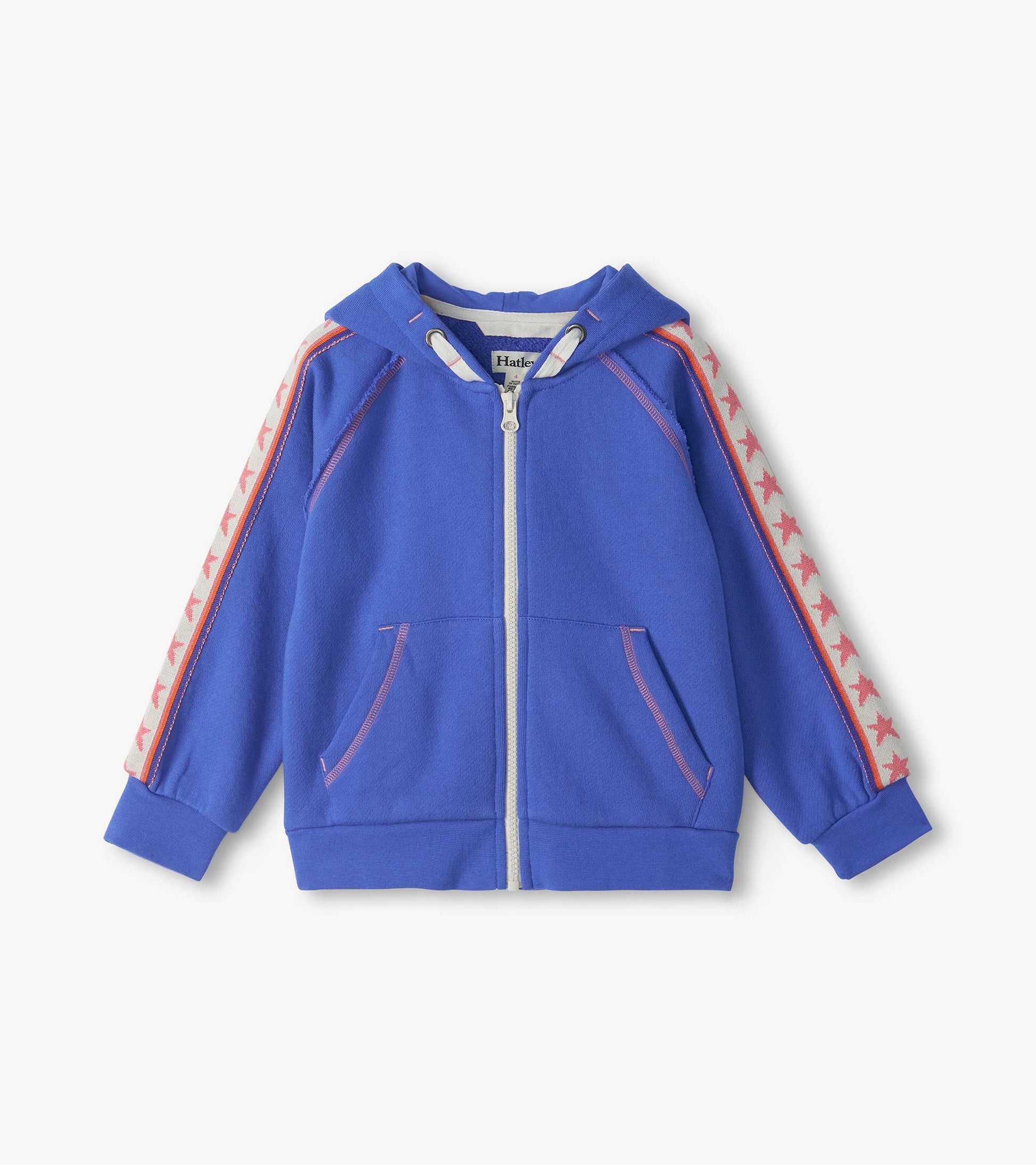 Blue full-zip hoodie with raglan sleeves, front pockets, and pink star stripe trim on the sleeves