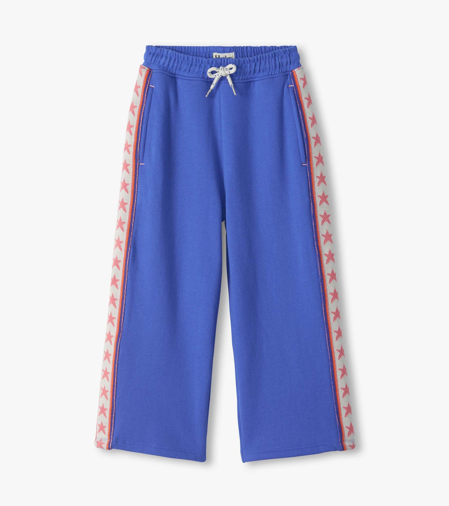 Blue wide leg track pants with elastic drawstring waist and pink star side stripes