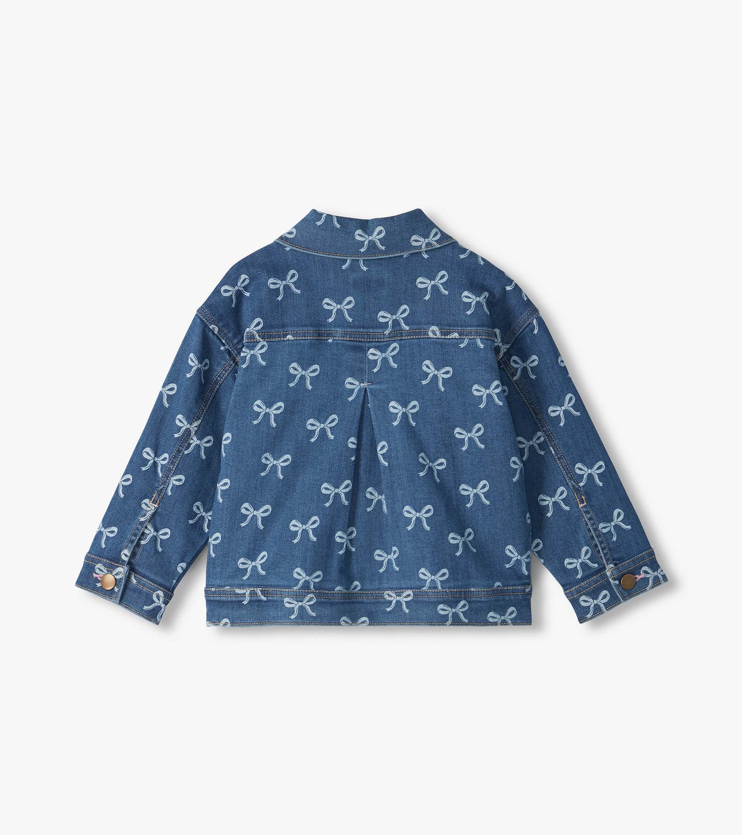 Back view of blue slouchy denim jacket with allover bow print and center back pleat