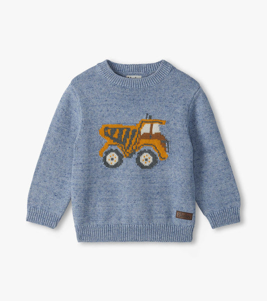 Blue crew neck sweater with a yellow dump truck graphic on the front and ribbed cuffs and hem