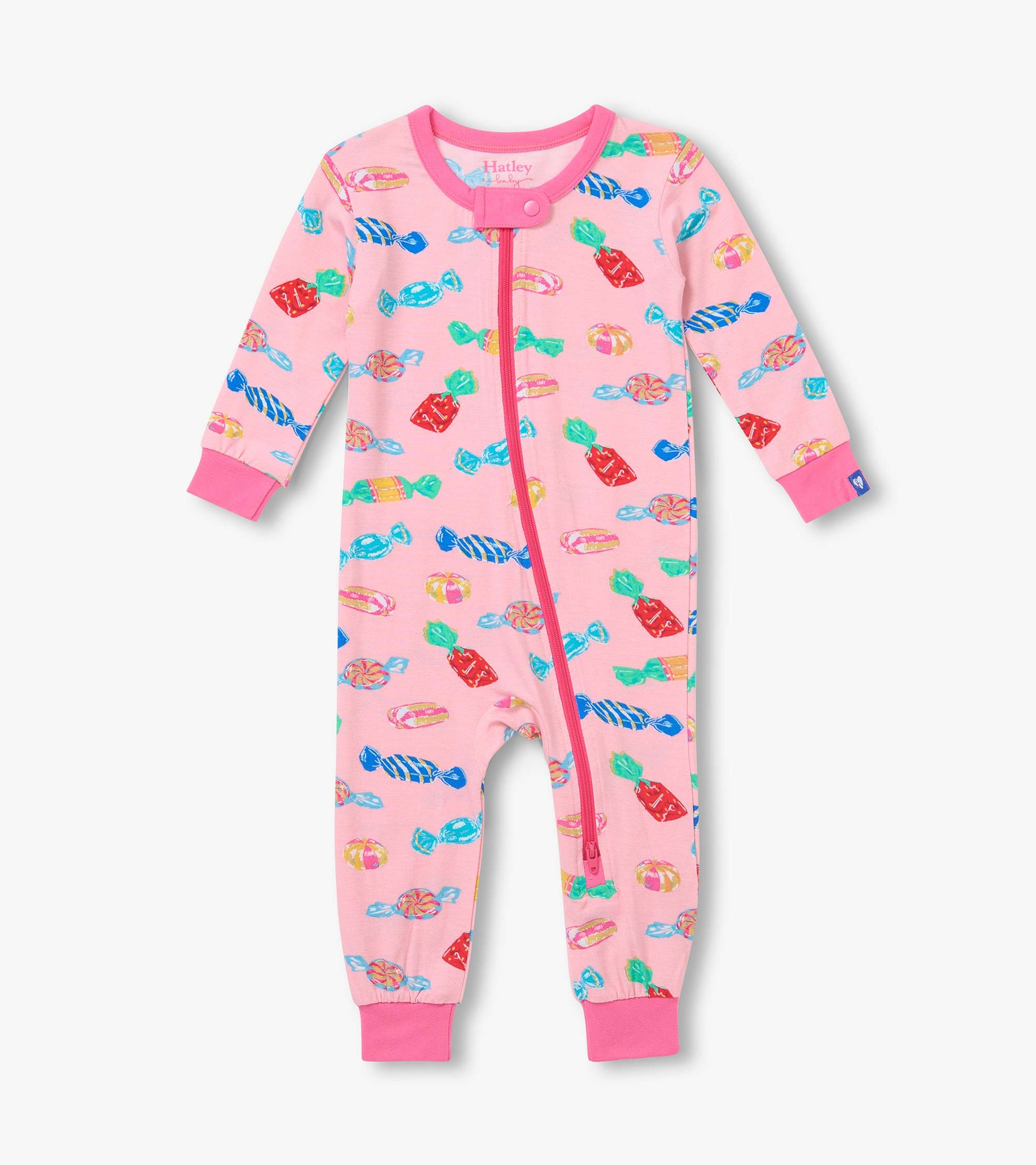 Front view of pink infant coverall with colorful candy print, zip front, and darker pink trim