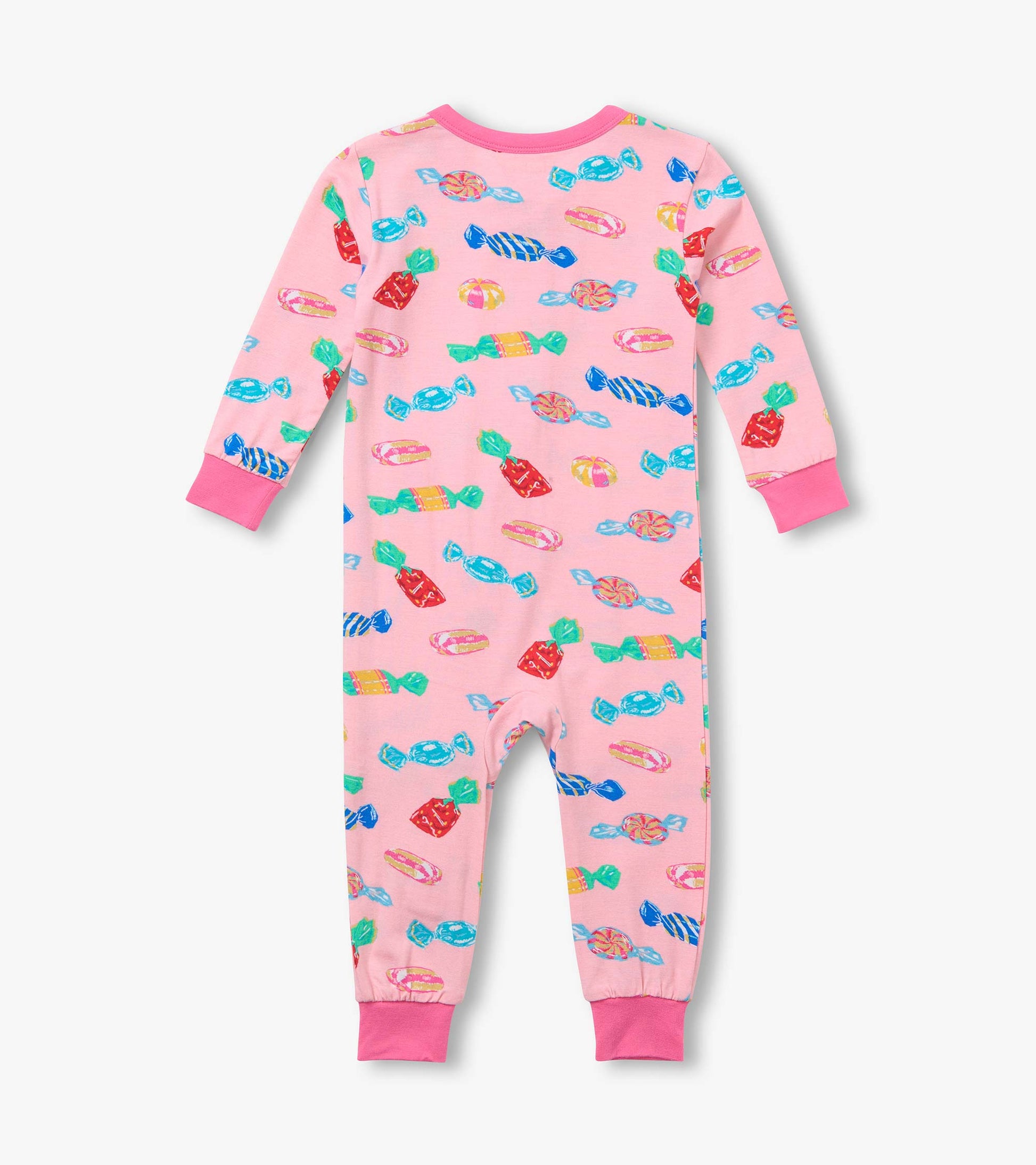 Back view of pink infant coverall with colorful candy print and darker pink cuffs