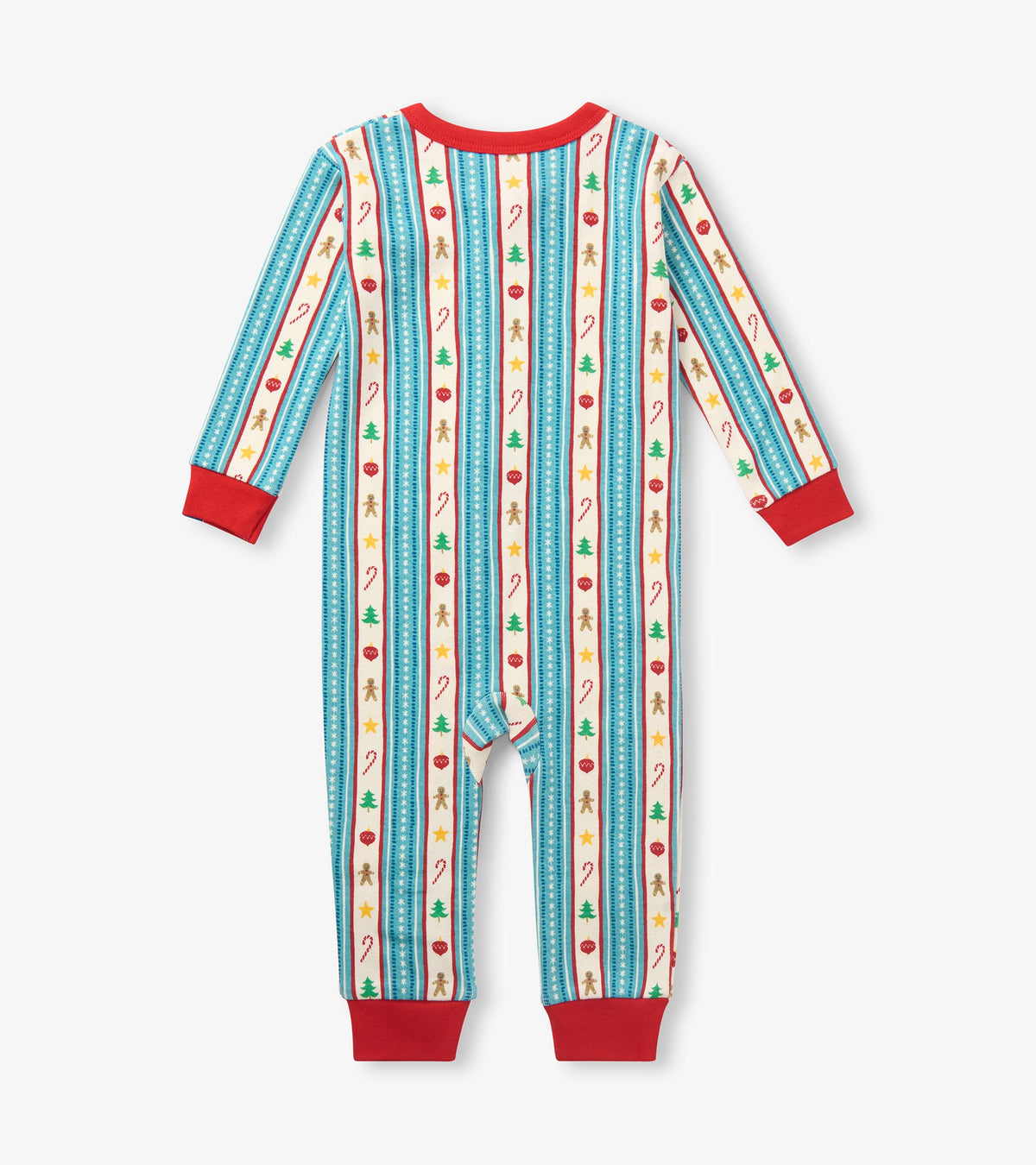 Back view of baby holiday sleeper with red cuffs and striped print featuring trees, ornaments, candy canes, and gingerbread