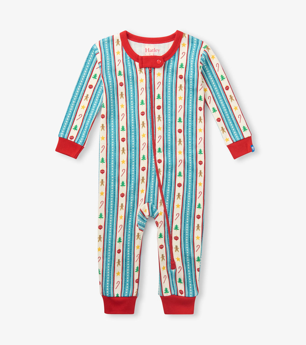 Front view of baby holiday sleeper with red trim, front zipper, and striped print with trees, candy canes, and gingerbread