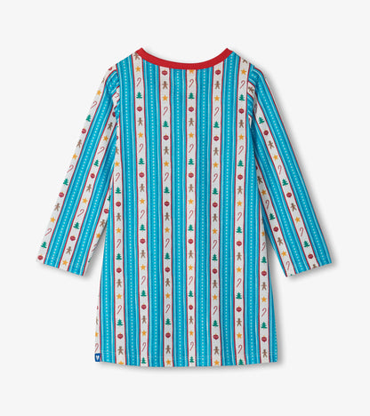 Back view of girls holiday nightdress with blue and white stripes and festive holiday icons