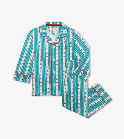 Kids two piece holiday pajama set with teal striped print, button top and matching pants