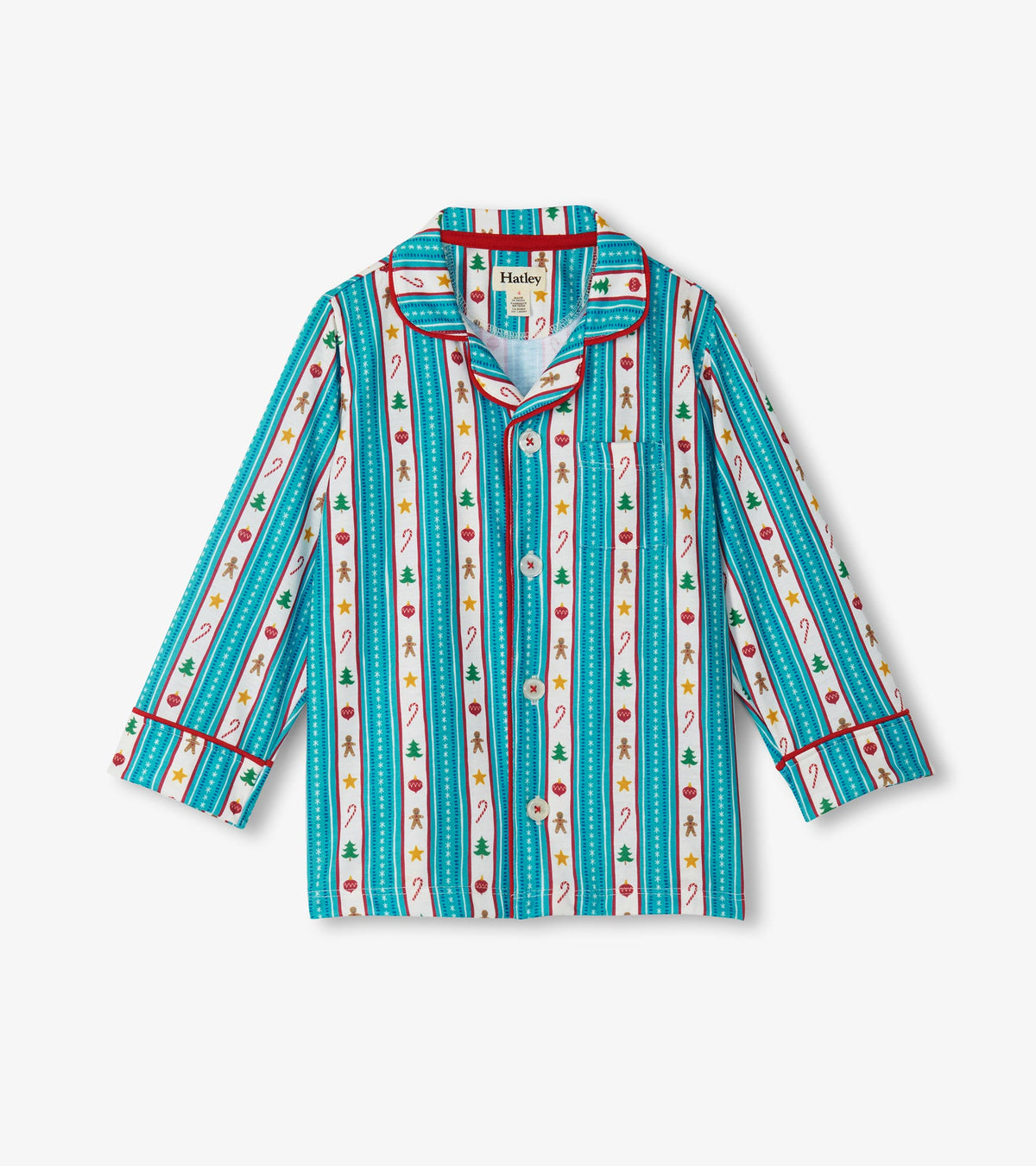 Kids holiday pajama shirt with teal stripes, red piping, chest pocket and festive icon print