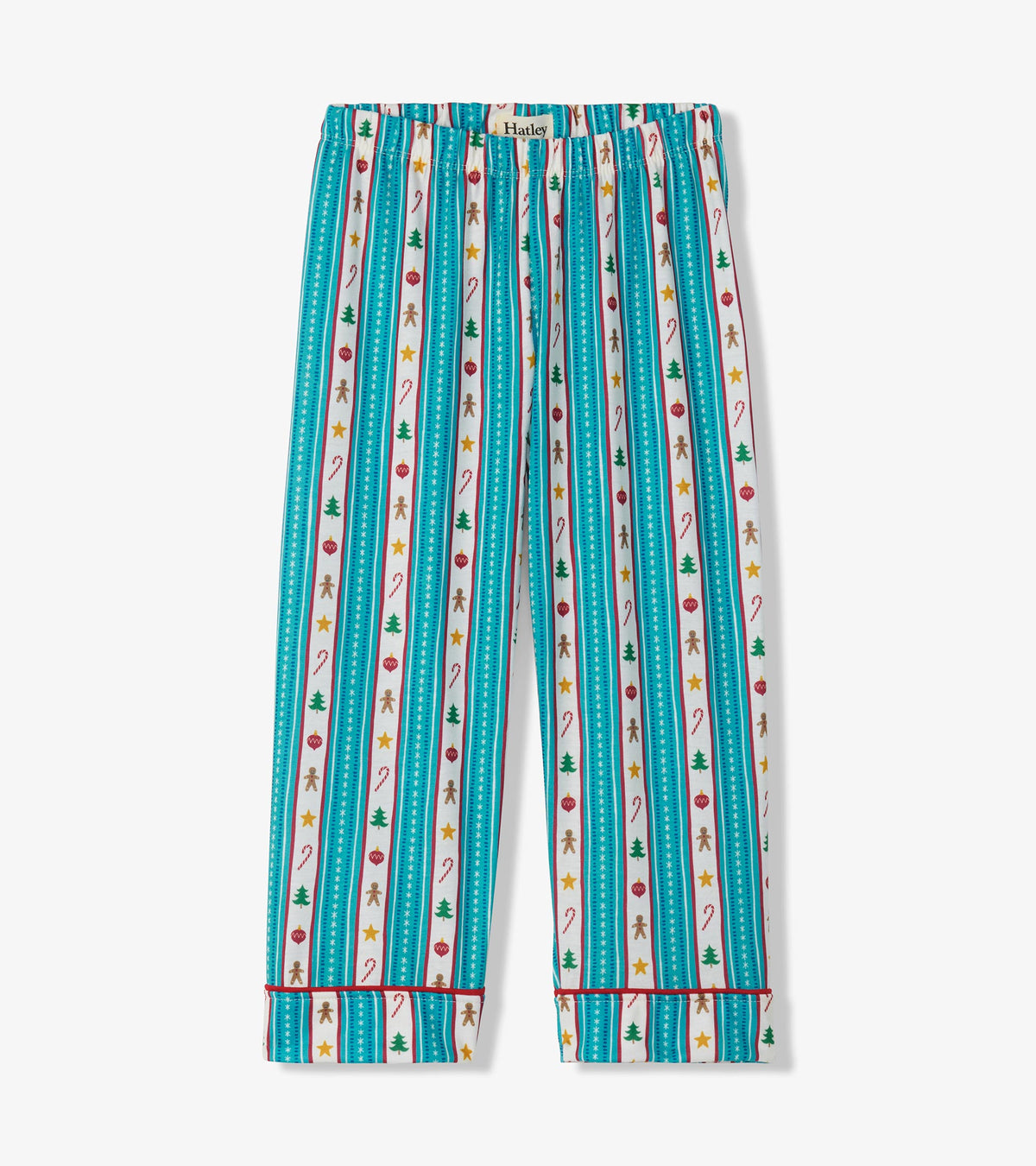 Kids pajama pants with teal striped holiday print and cuffed hems