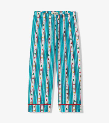 Kids pajama pants with teal striped holiday print and cuffed hems