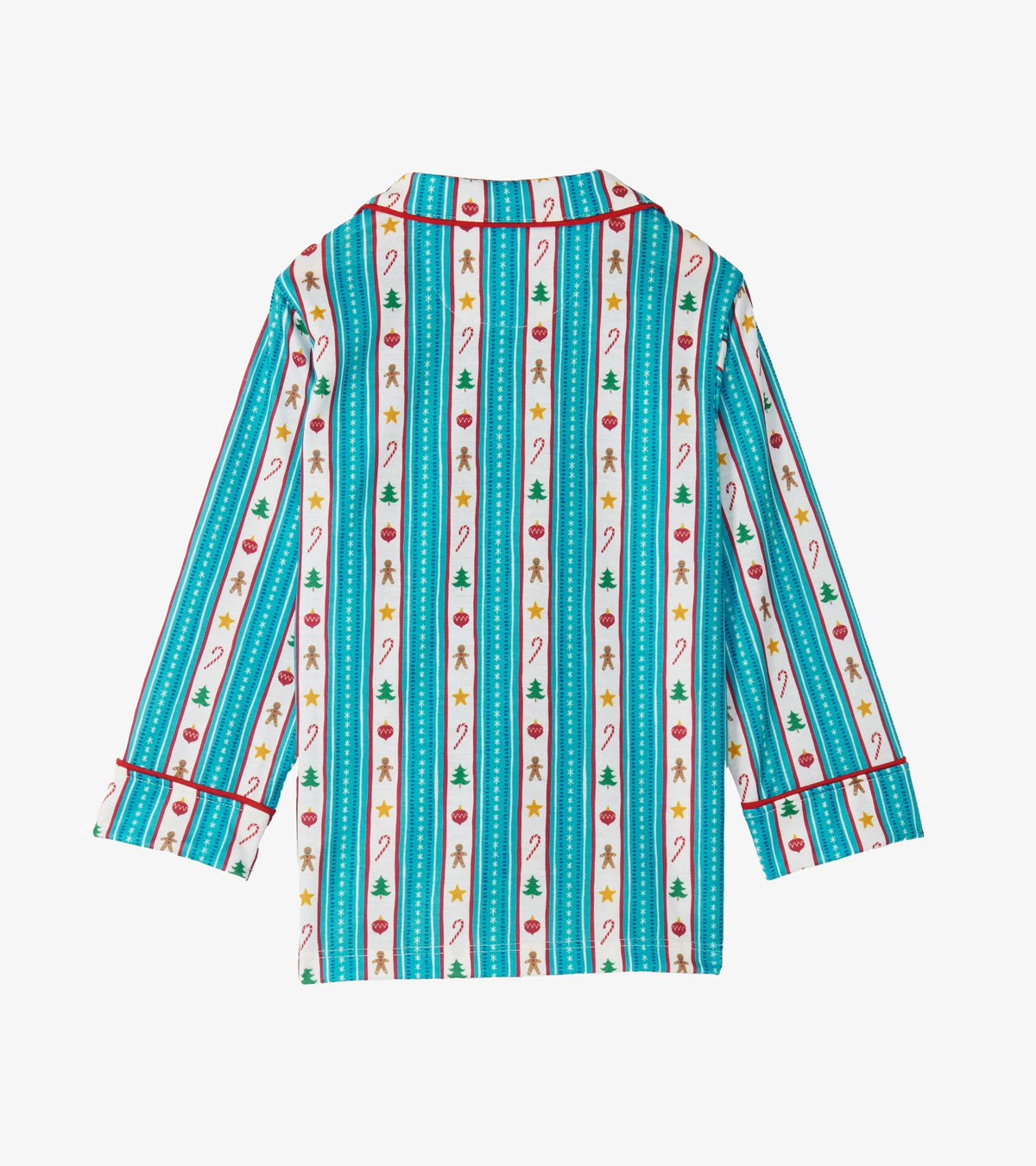 Back of kids holiday pajama shirt with teal stripes, red piping and festive icon print