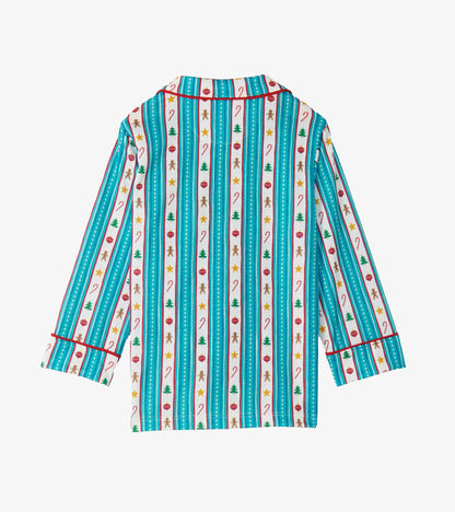 Back of kids holiday pajama shirt with teal stripes, red piping and festive icon print