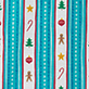 View Kids Holiday Decorations Two Piece Pyjama Set Teal and white vertical stripes with small holiday motifs including ornaments, candy canes, stars, and snowflakes