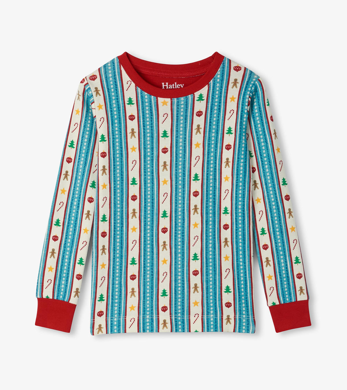 Kids pajama top with red crew neck and cuffs, blue striped holiday print with trees, candy canes and gingerbread