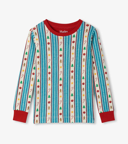 Kids pajama top with red crew neck and cuffs, blue striped holiday print with trees, candy canes and gingerbread