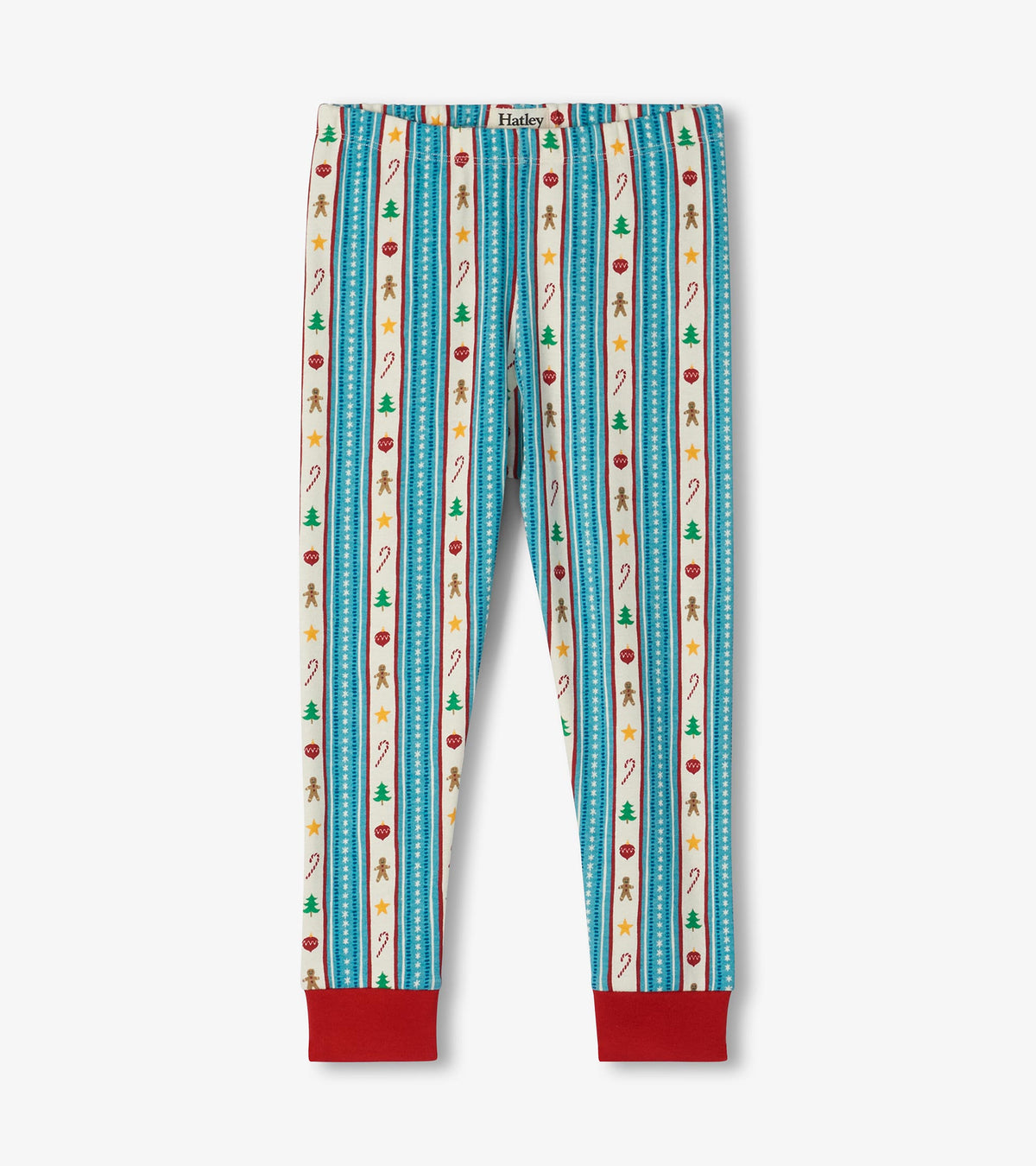 Kids pajama pants with red ankle cuffs and blue striped holiday print with trees, ornaments and gingerbread