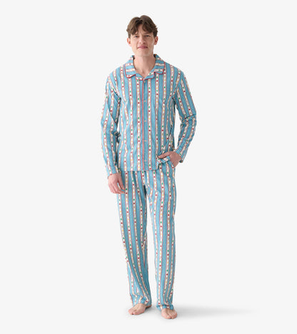 Men's two-piece holiday pajama set with blue striped print, button-front shirt and matching pants