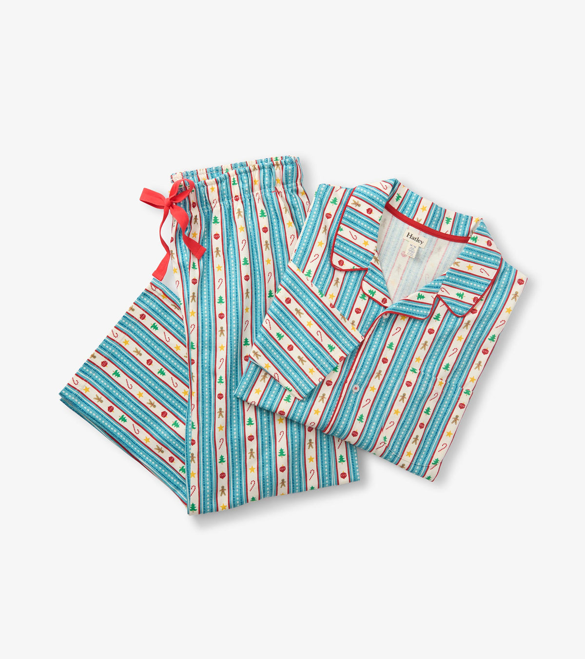 Folded holiday pajama set with blue striped print, red trim and red drawstring waist