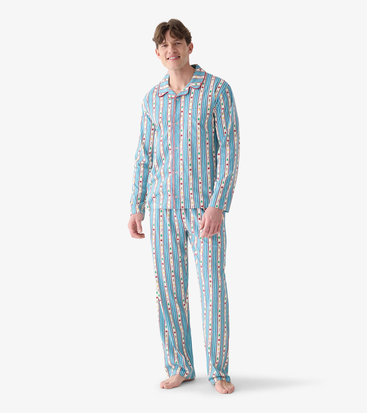 Front view of men's holiday pajama set with blue striped print and matching straight-leg pants