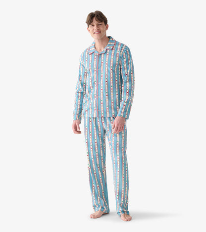 Front view of men's holiday pajama set with blue striped print and matching straight-leg pants