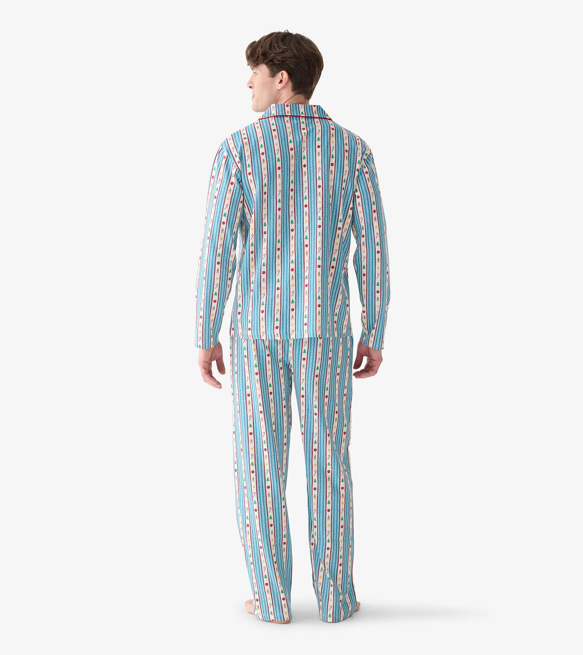 Back view of men's holiday pajama set with blue striped print and long-sleeve shirt