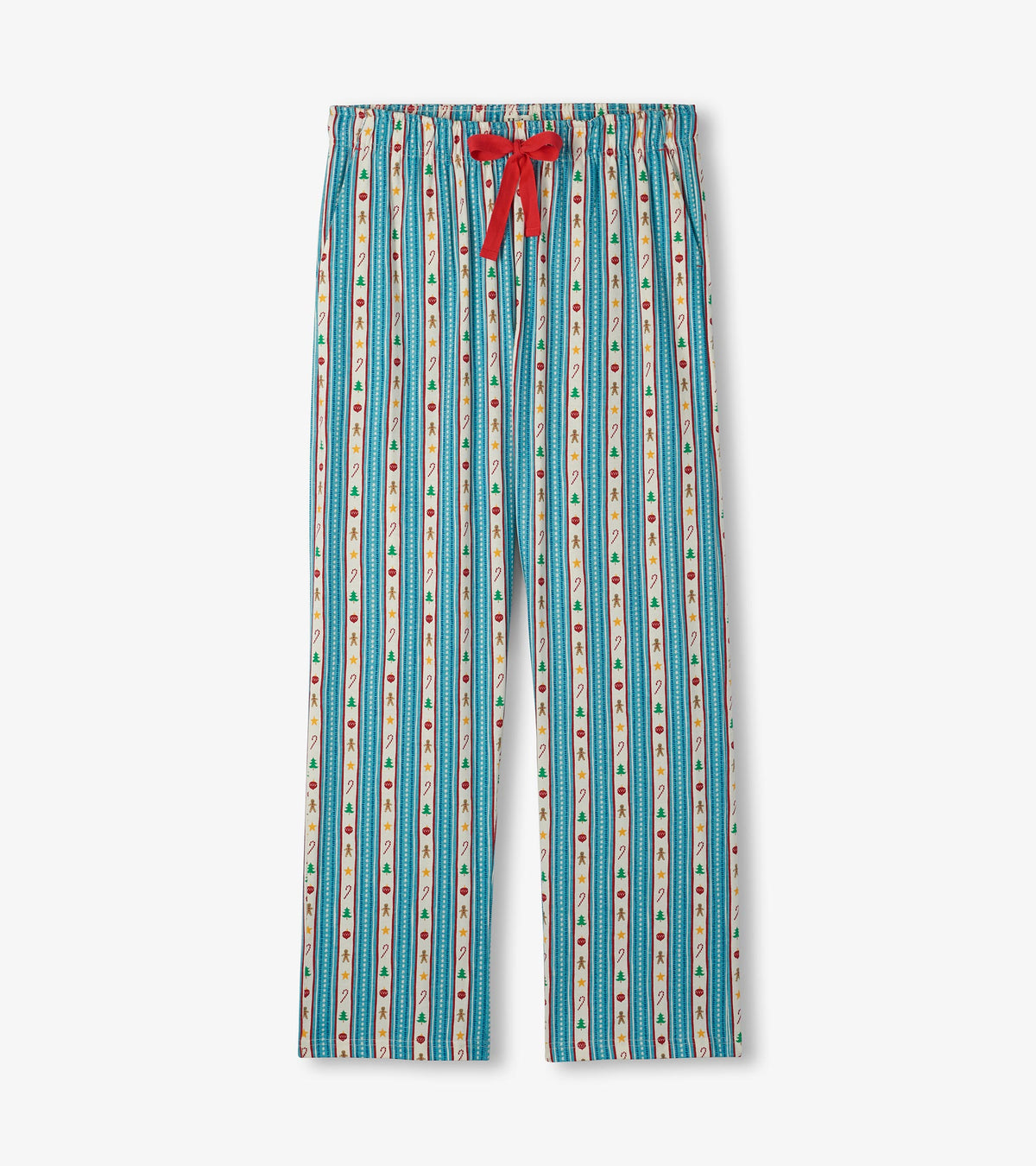 Men's holiday pajama pants with teal striped print, red waist tie, and gingerbread, candy cane, tree motifs
