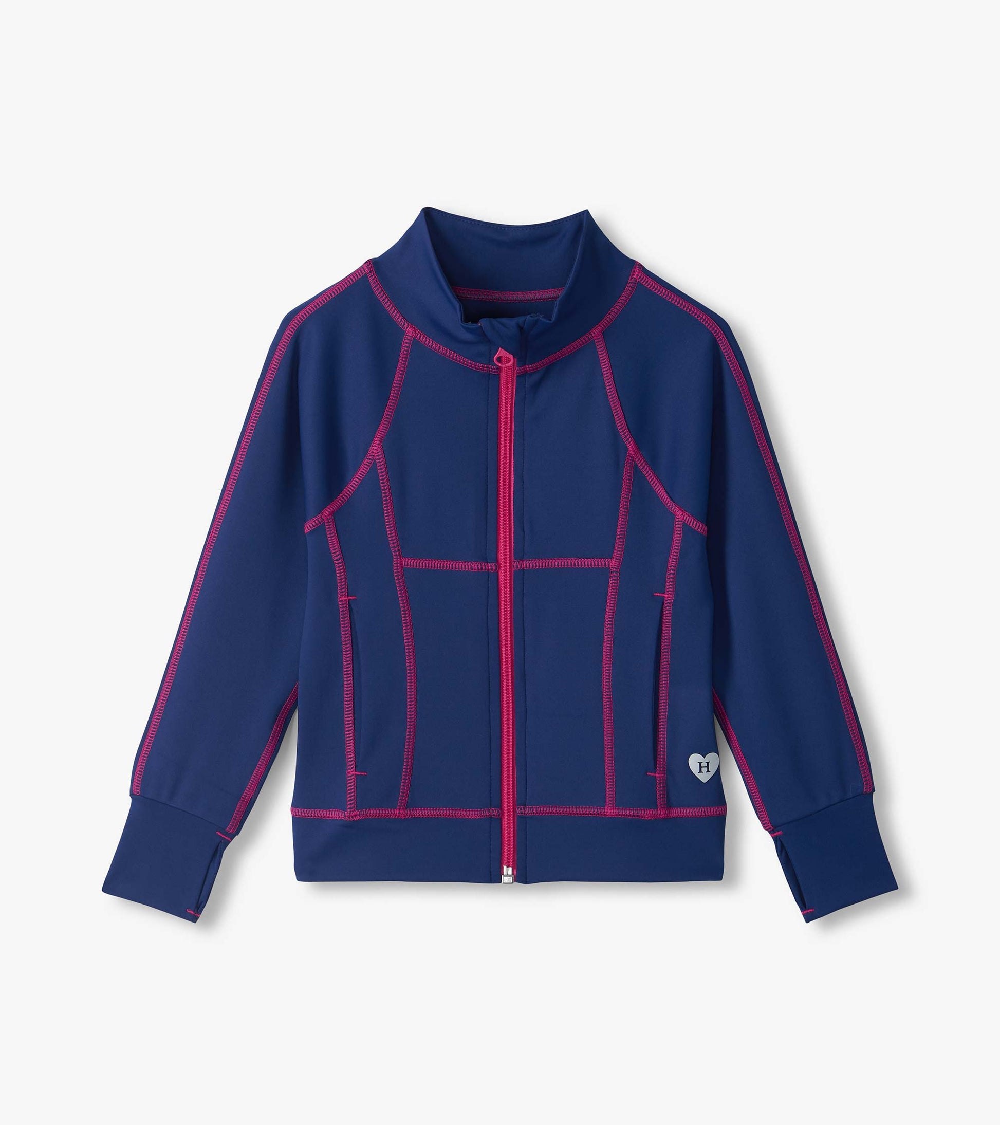 Estate Blue Active Jacket in navy with pink contrast stitching, full zip front, stand collar, and long sleeves