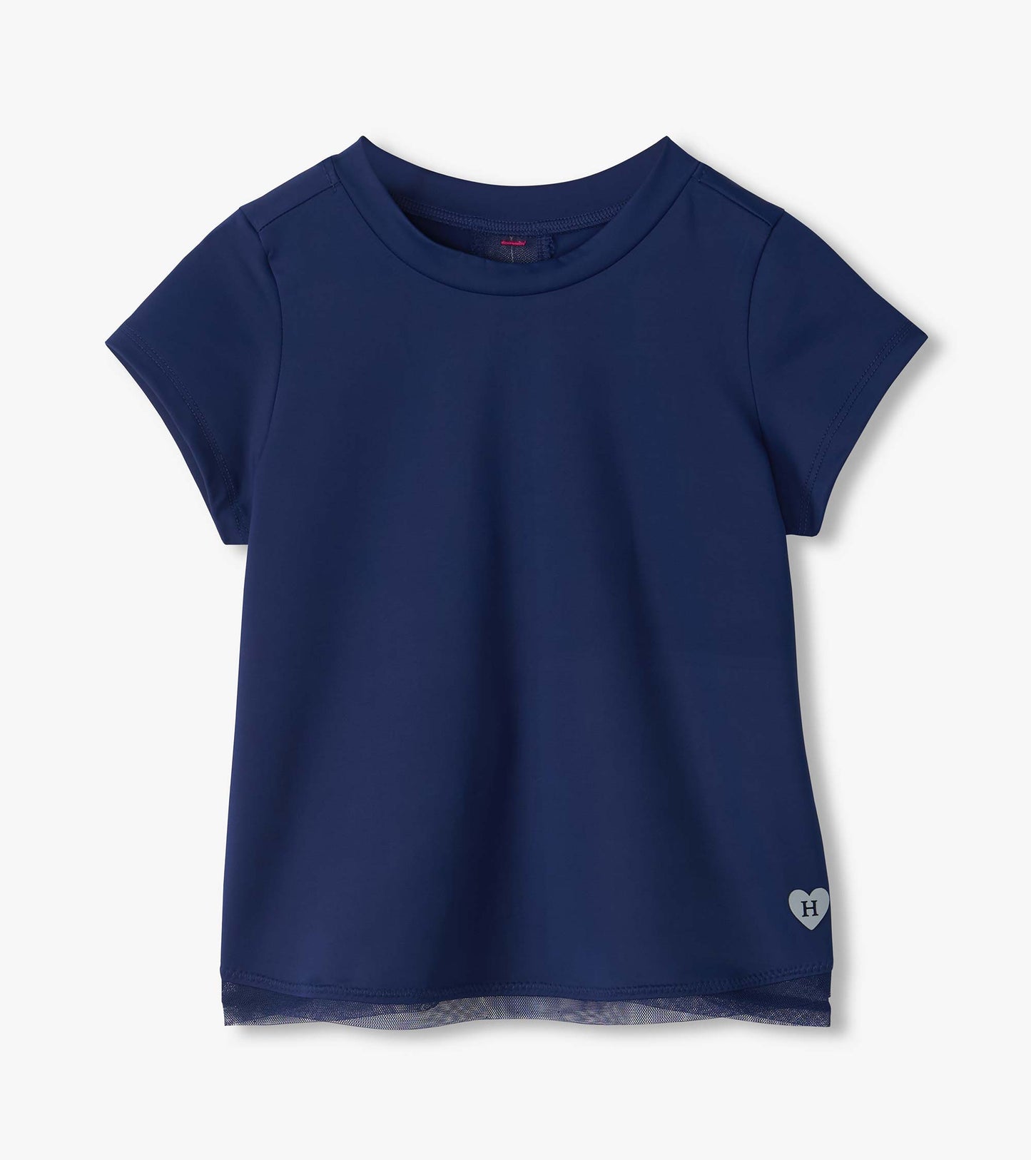 Front view of estate blue short sleeve tee with mesh hem trim and small heart H detail near the lower side