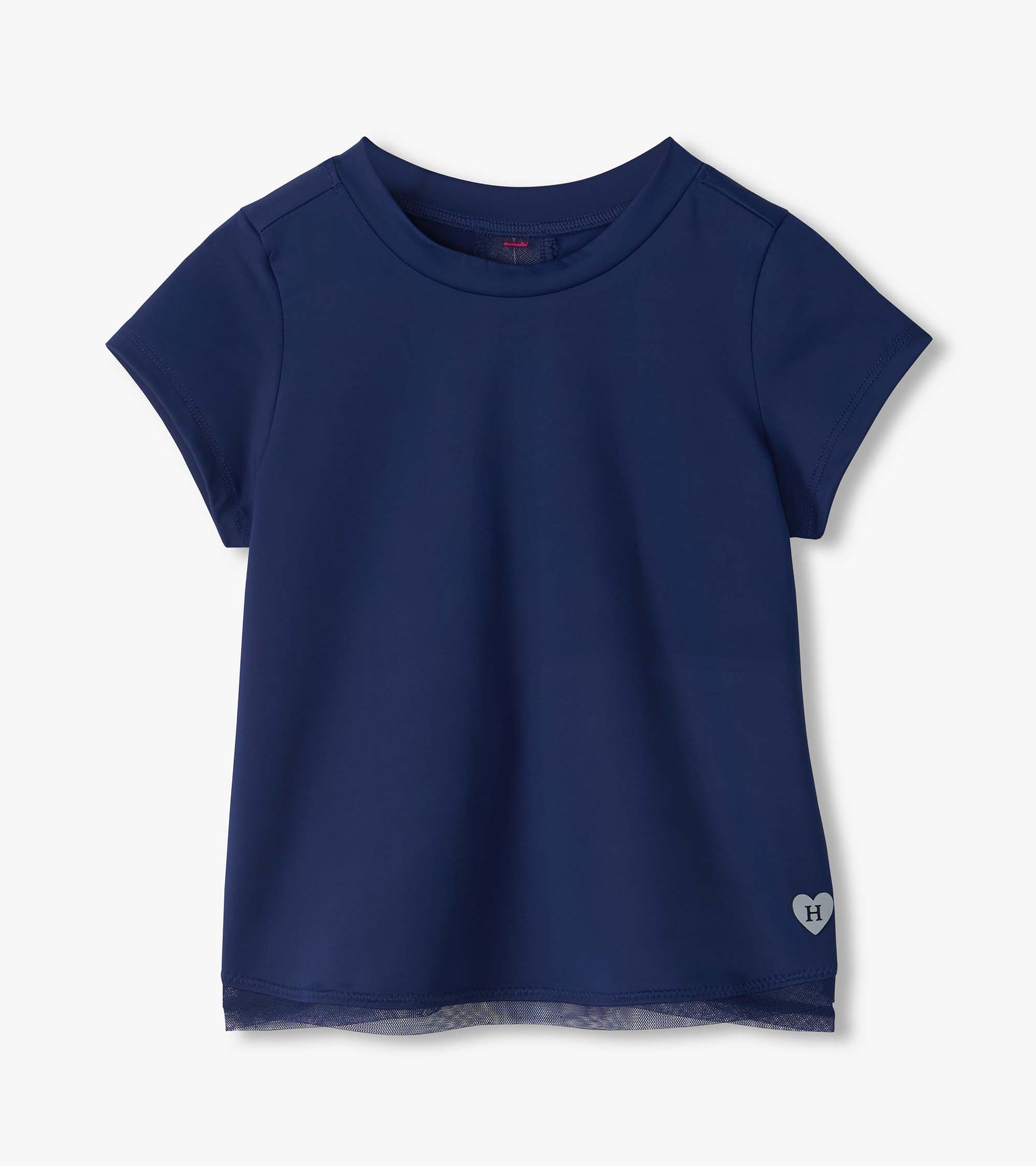Front view of estate blue short sleeve tee with mesh hem trim and small heart H detail near the lower side