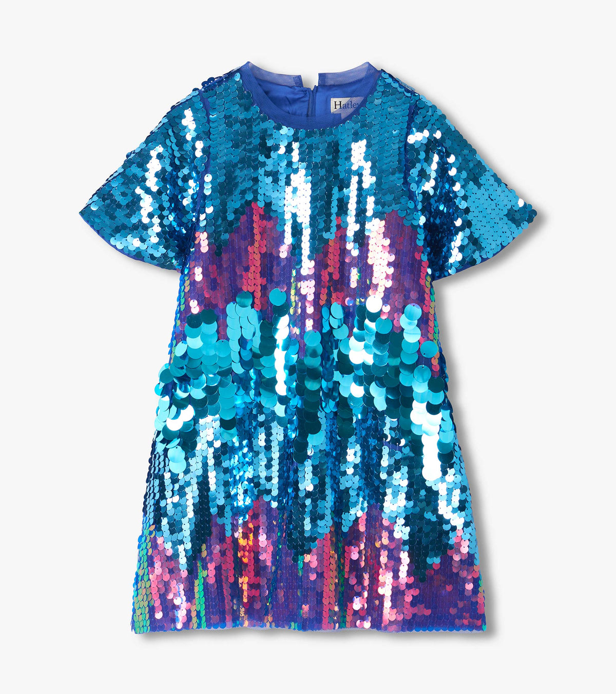 Front view of girls A-line sequin dress with flutter sleeves in blue, purple, pink and green tones