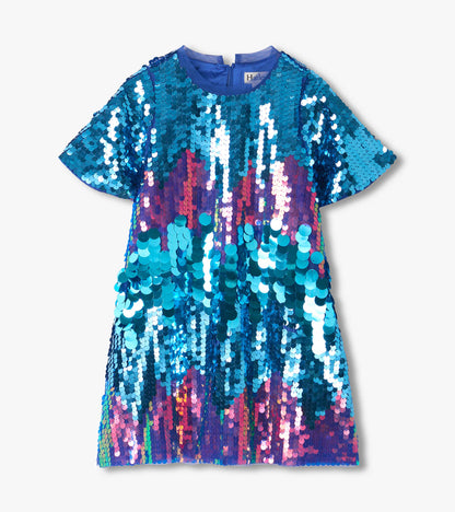 Front view of girls A-line sequin dress with flutter sleeves in blue, purple, pink and green tones