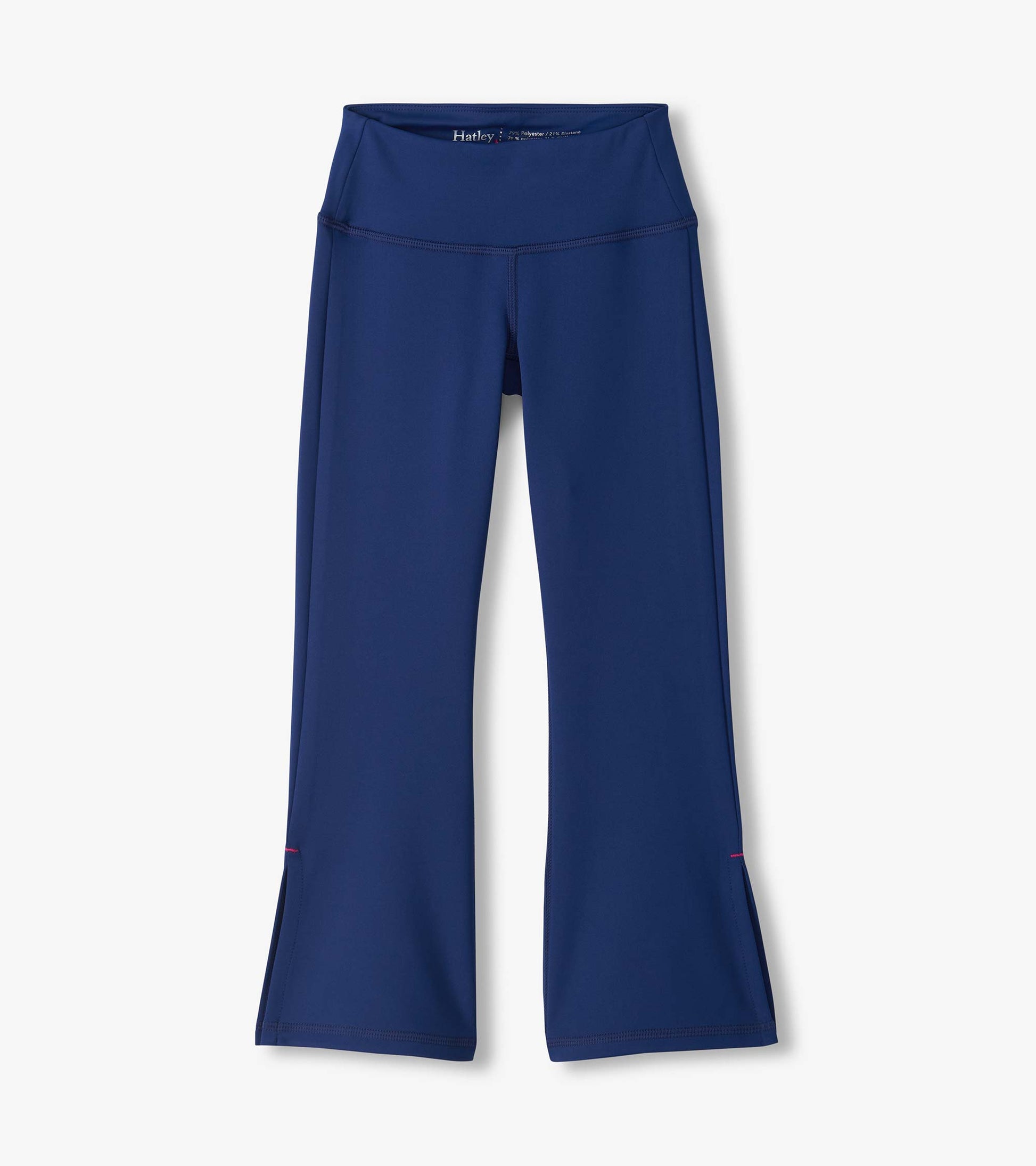 Estate blue active flared pants with a wide waistband and full-length flared legs