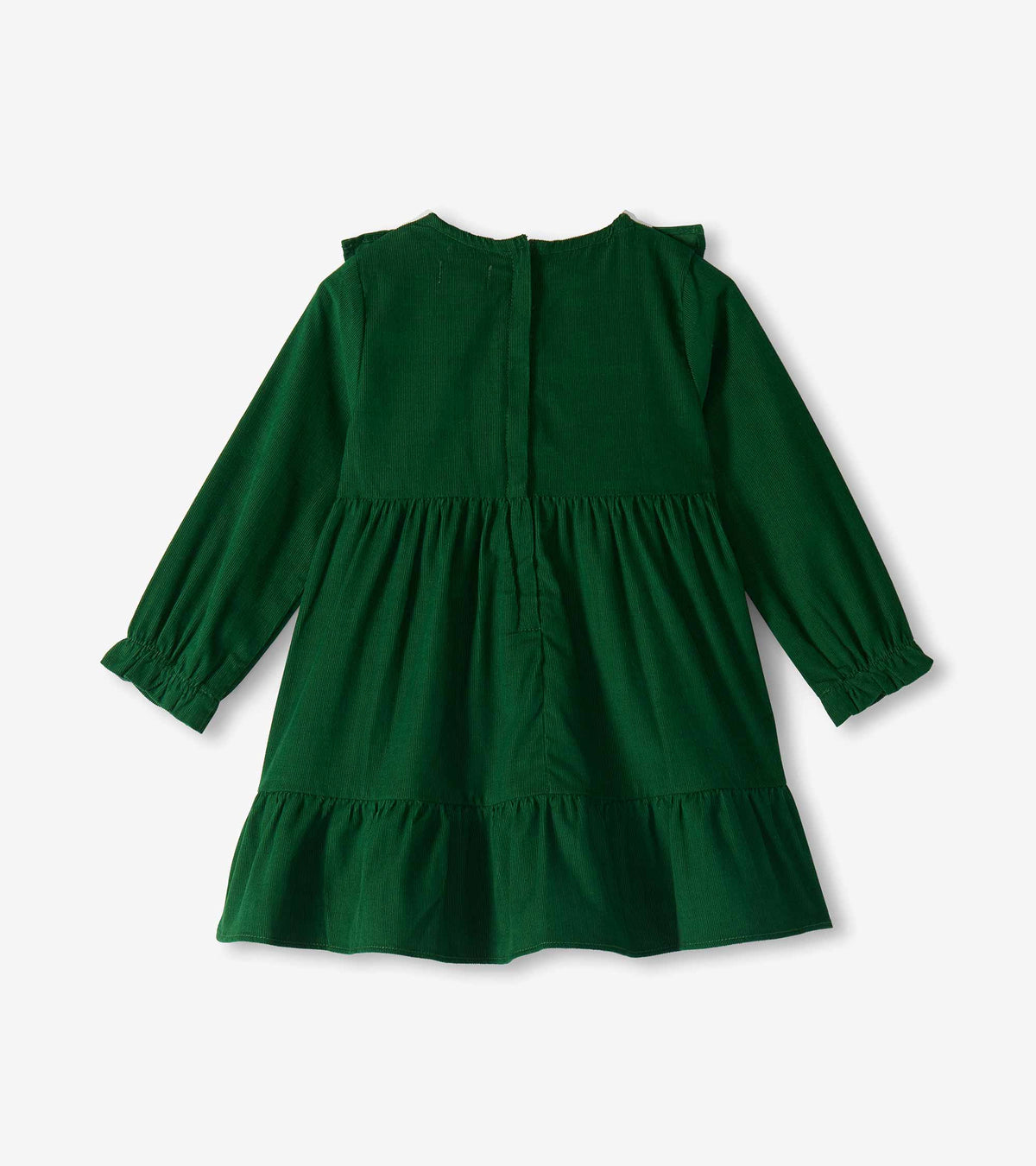 Back view of green long sleeve tiered dress with ruffle shoulder trim and back zipper closure