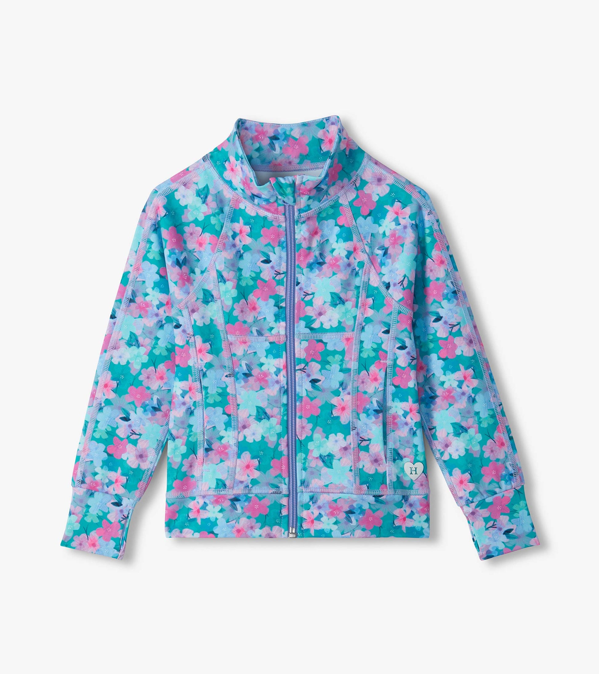 Kids active jacket with teal background, pink and white floral print, front zip, and stand collar