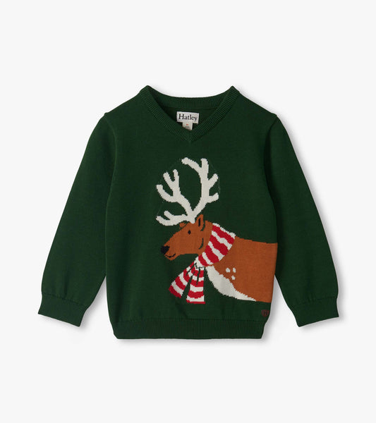 Forest green V-neck sweater with a large reindeer wearing a red and white striped scarf on the front