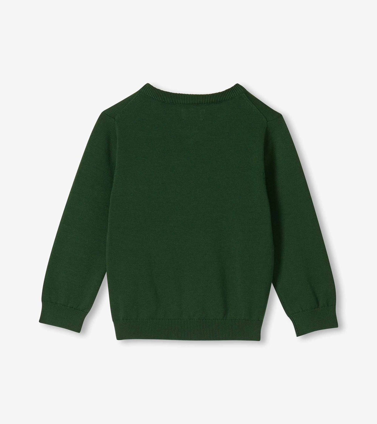 Back view of a forest green knit sweater with long sleeves and ribbed hem and cuffs