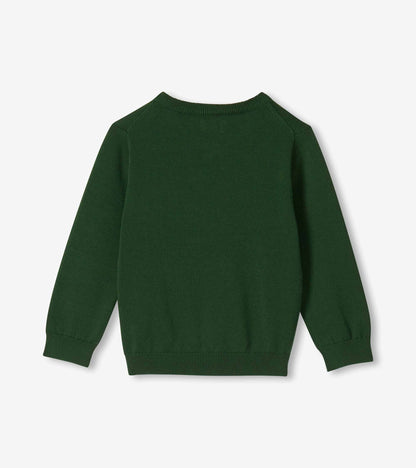 Back view of a forest green knit sweater with long sleeves and ribbed hem and cuffs