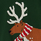 View Baby & Toddler Boys Reindeer V-Neck Sweater Brown reindeer with white antlers on dark green knit, wearing a red and white striped scarf