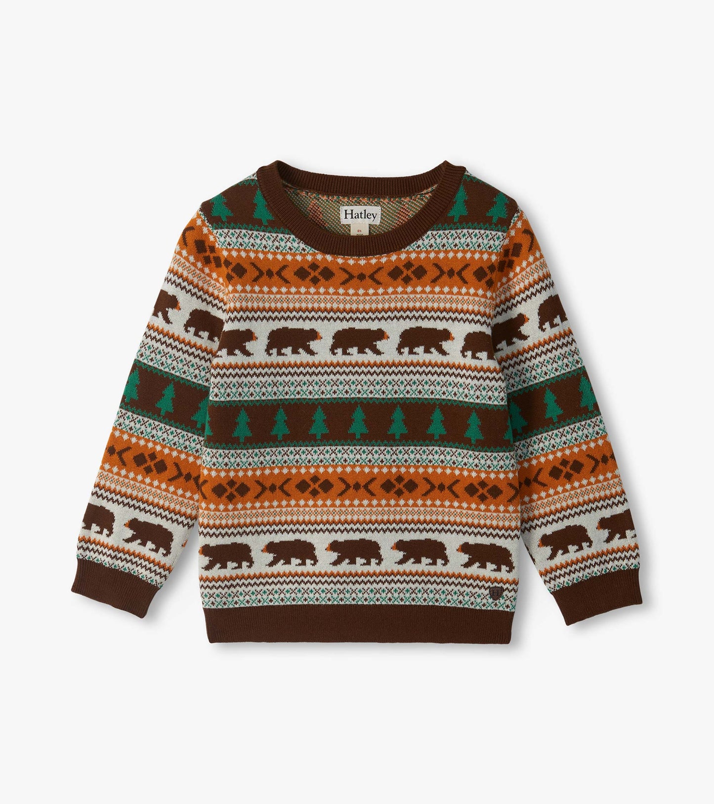 Kids crew neck sweater with brown, rust, cream and green fair isle stripes, bears and pine trees